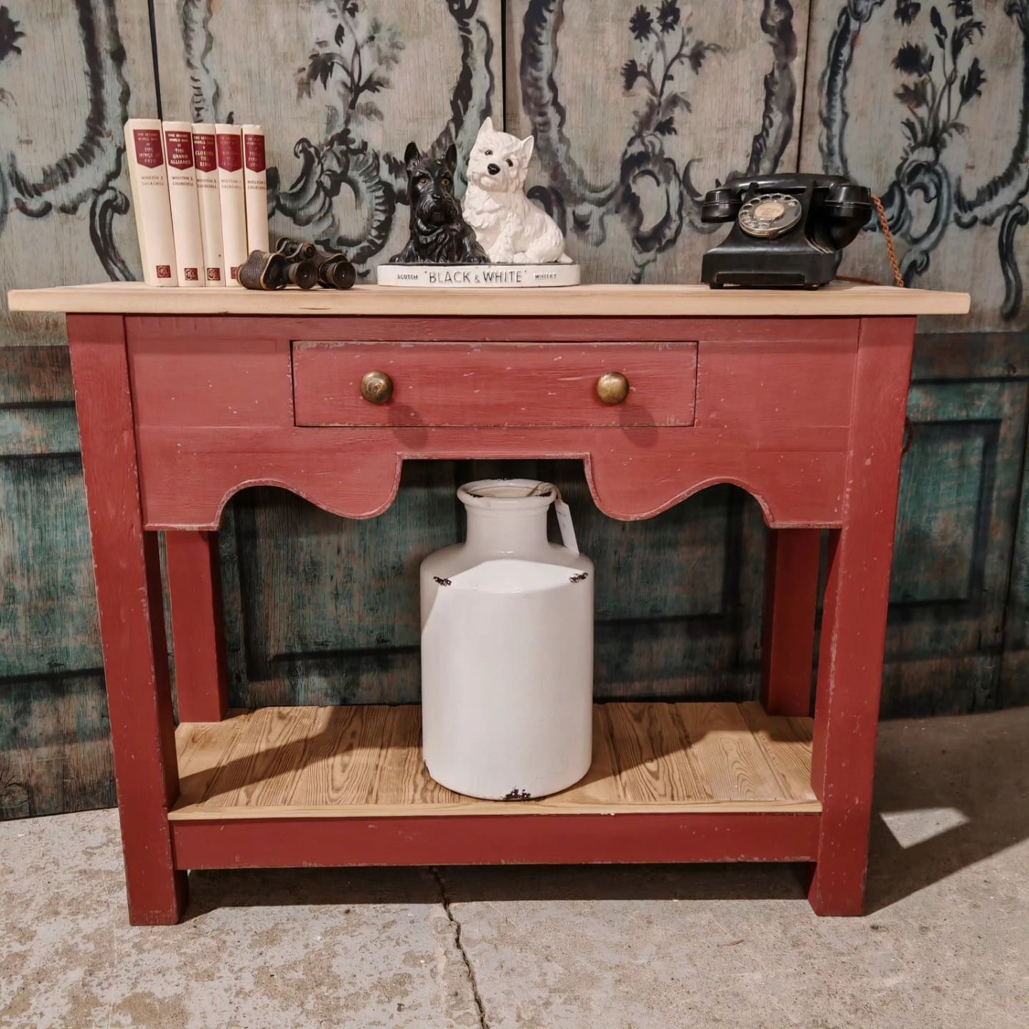 EATING ROOM RED PAINTED OLD WOOD CONSOLE TABLE